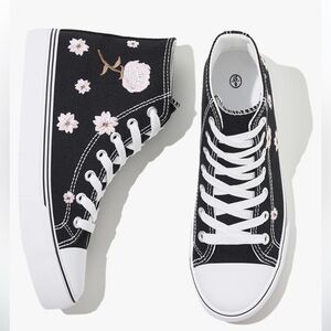 Cherry Blossom embroidered canvas high tops size 8 black and pink